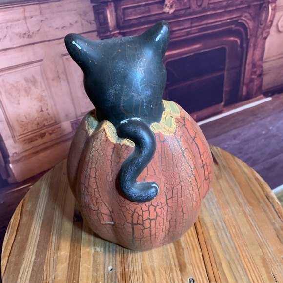 Halloween Cat Pumpkin Vintage Retro Crackle Paint Decor Party Decoration Rare - Picture 7 of 11
